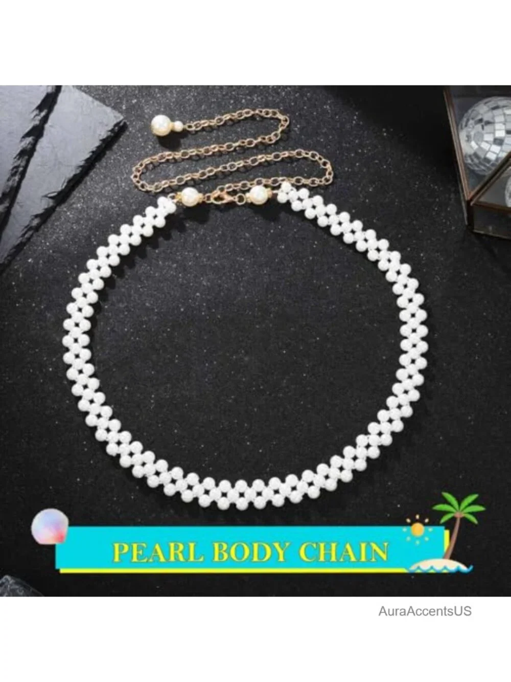 Stretchy Pearl Body Chain Belt with Extension Chains for Waist
